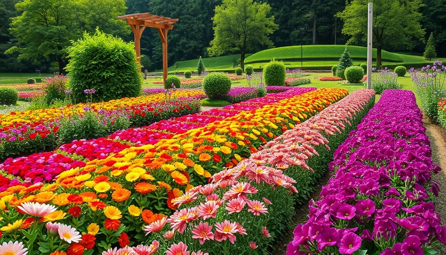 Floral garden at local event with colorful flowerbeds.