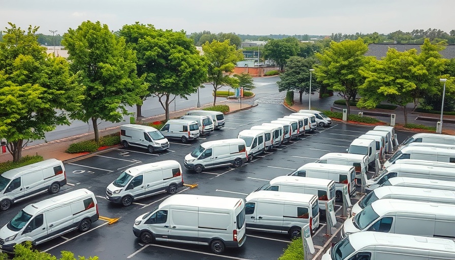 Electric delivery vans in a lot with charging stations, fleet electrification.