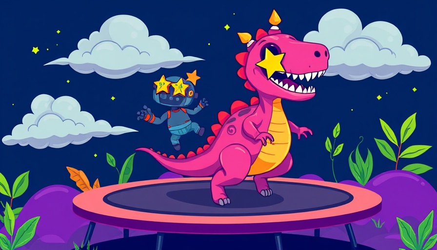 Cartoon dinosaur and robots at a fun event for kids.