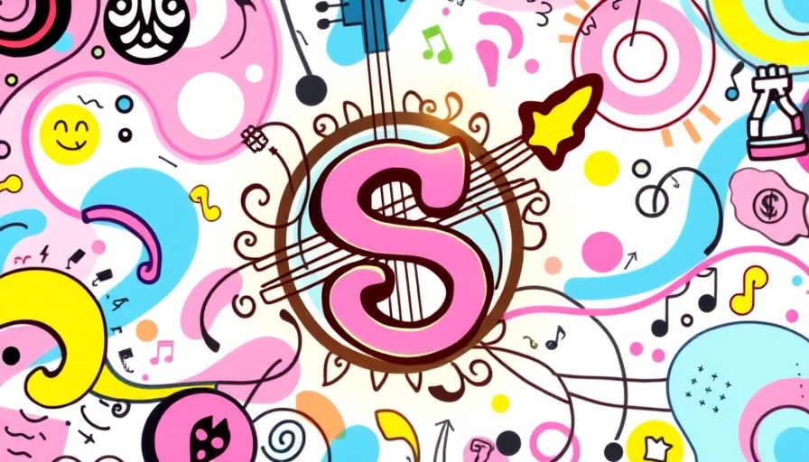 Whimsical Steel String Brewery logo amidst colorful doodles.