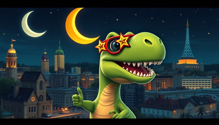 Cartoon dinosaur with star glasses over Durham skyline at night.