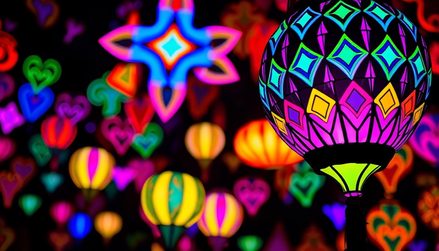 Immersive black light-activated artwork featuring glowing lantern and vibrant shapes.