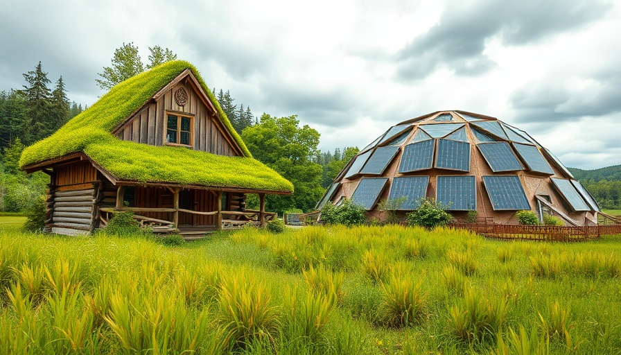 Sustainable architecture: green roof building and geodesic dome in rural setting