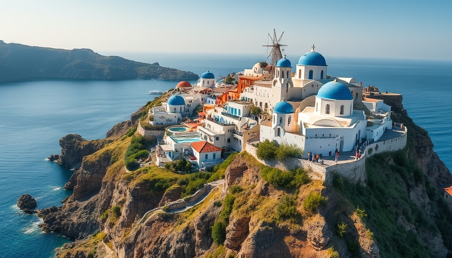 Picturesque coastal village with blue domes showcasing carbon neutral tourism.