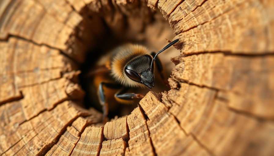 Close-up of bee in bee hotel, natural wood habitat.