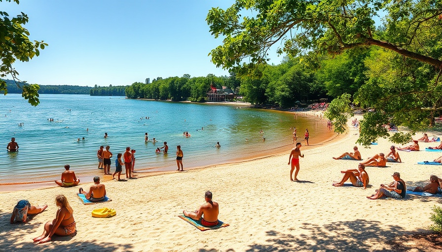 Weekend getaway in Mooresville: scenic lakeside beach with visitors.