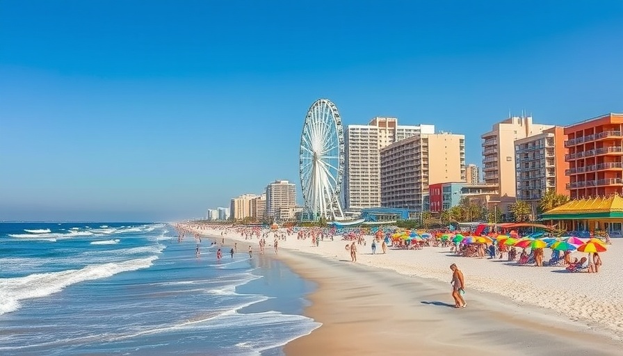 Vibrant Myrtle Beach scene with Ferris wheel and beachgoers.