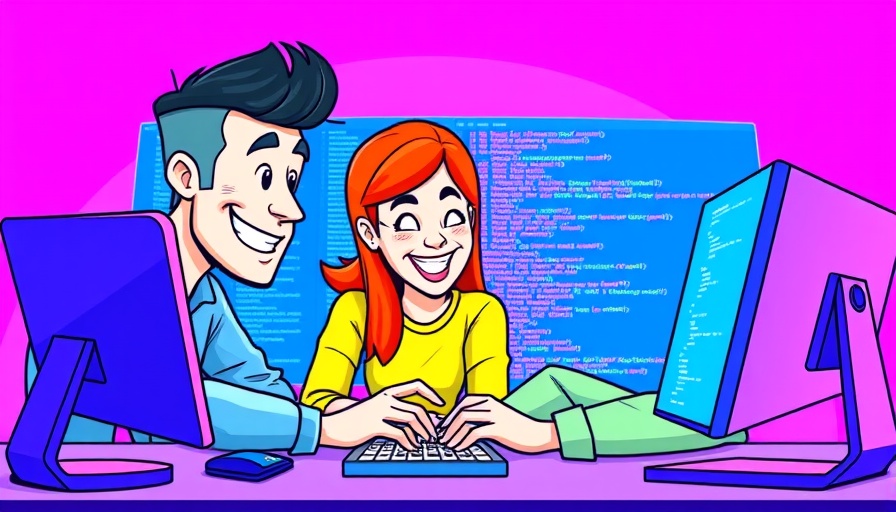 Colorful cartoon teamwork coding on a computer, vibrant digital workspace.