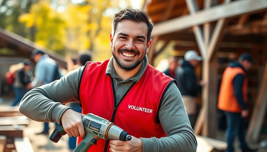 Smiling volunteer using drill during community event in sunlight.