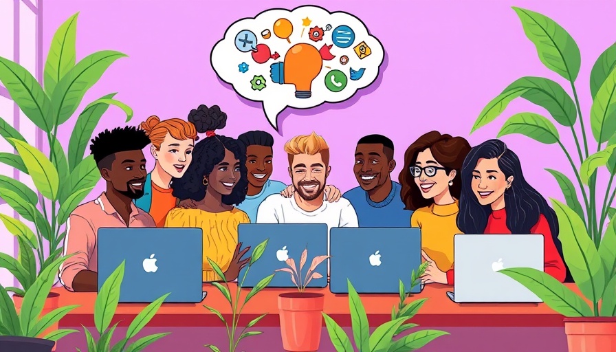 Diverse team collaborating with thought bubble illustrating creative ideas.