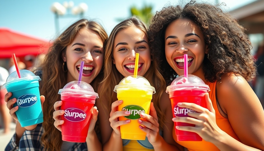 Joyful young women with free Slurpee at 7-Eleven.