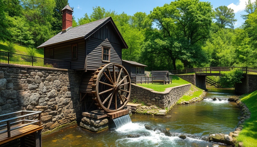 Historic Yates Mill watermill surrounded by lush greenery.