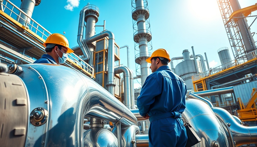 Industrial workers ensure safety at manufacturing site with pipes.