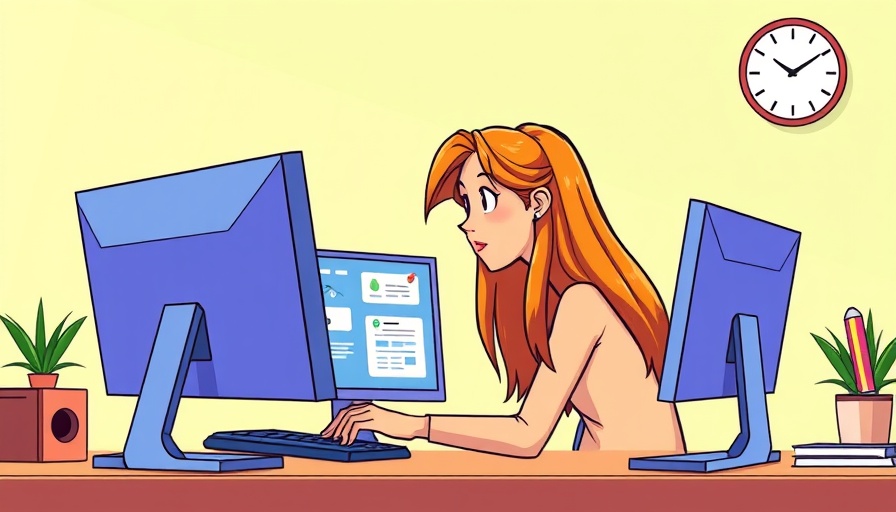 Cartoon woman using personalized search tools for workplace productivity.