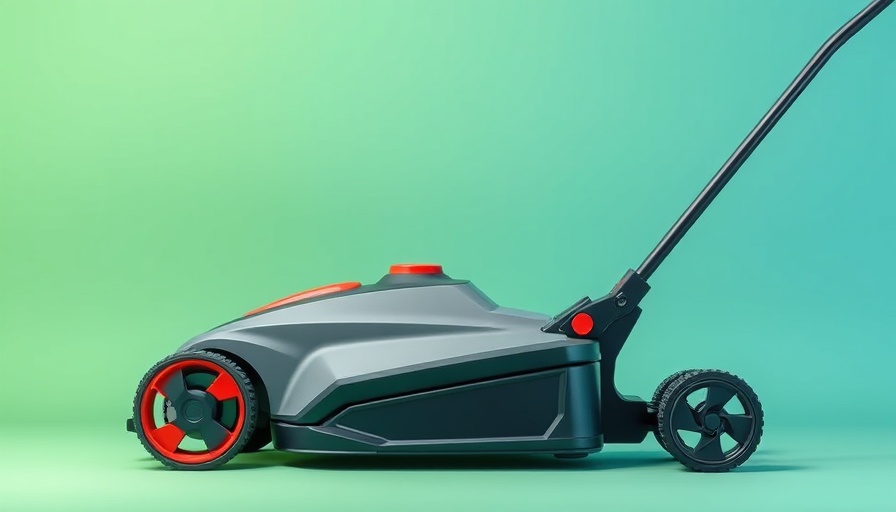 Sleek modern cordless lawn mower 2025 design, vibrant colors.