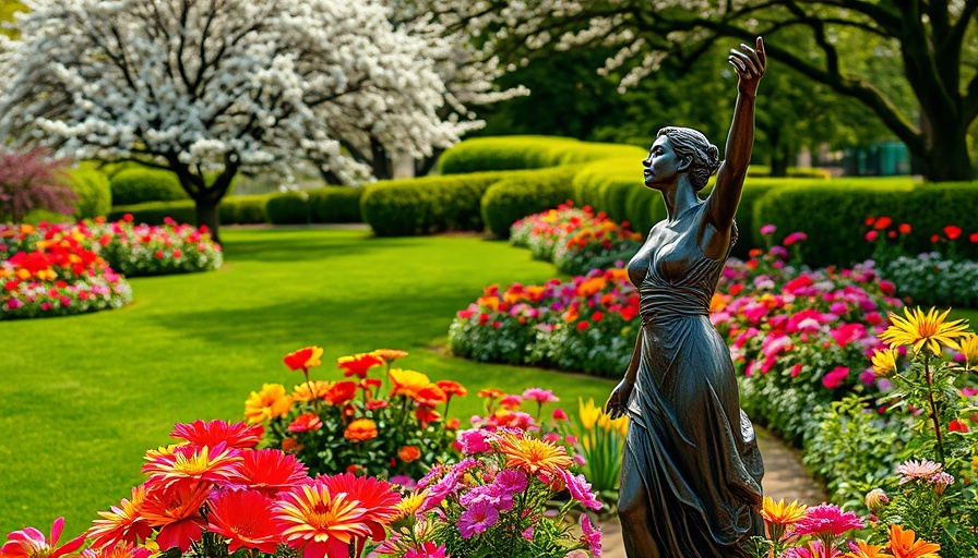 Vibrant garden with flowers and statue; eco-friendly gardening scene.