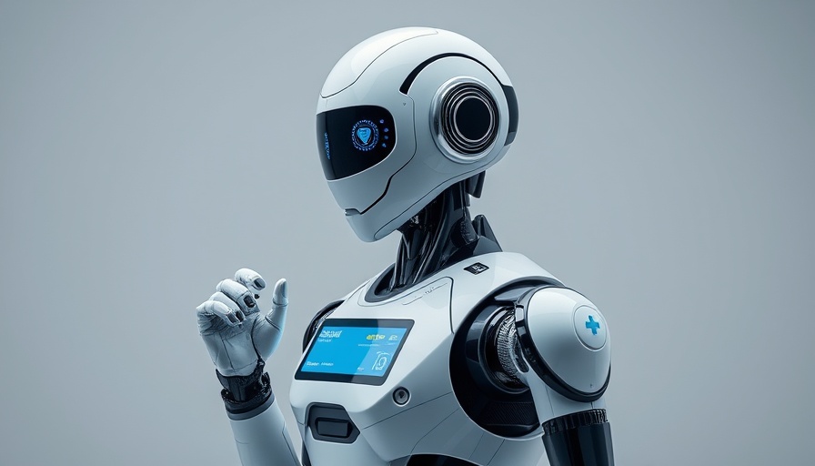 Futuristic healthcare robot with digital display and arm.