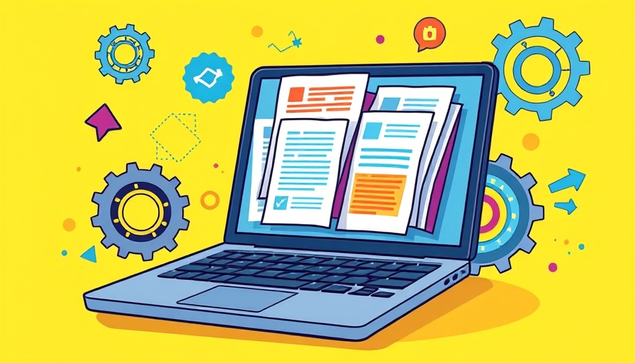 Colorful digital organization illustration with laptop and documents.