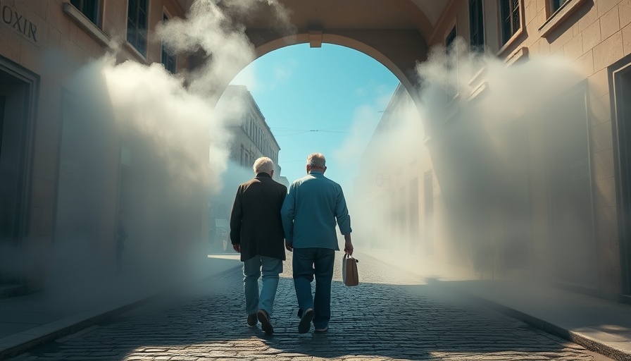 Elderly couple walks through misty archway on sunny UK street.
