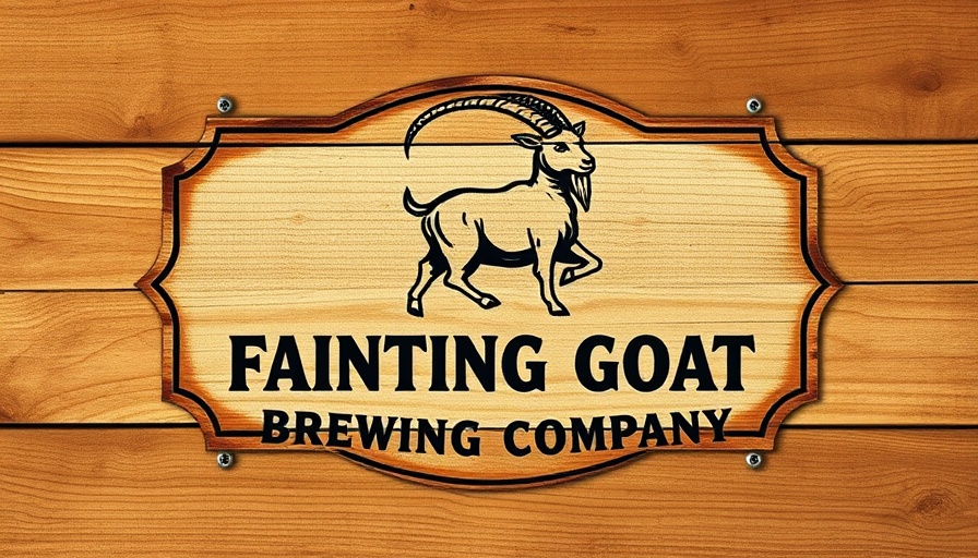 Rustic wooden brewery sign, Fainting Goat Brewing logo.