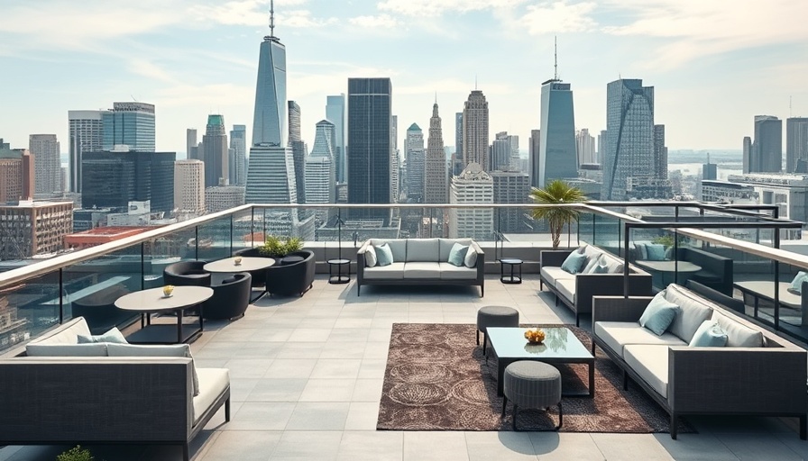 Durham Hotel rooftop patio with city skyline.