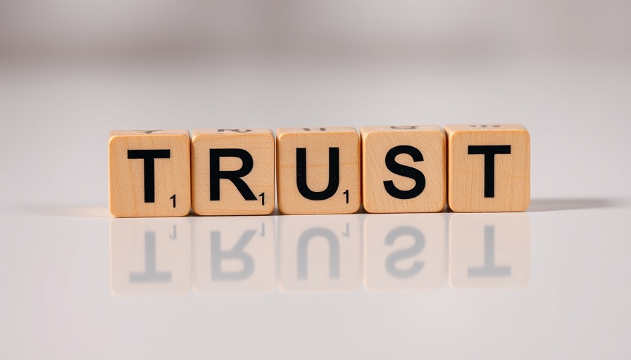 Wooden blocks spelling TRUST on reflective surface symbolizing credibility.