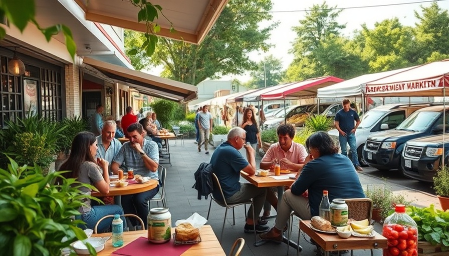State Farmers Market Restaurant outdoor dining with red umbrellas.