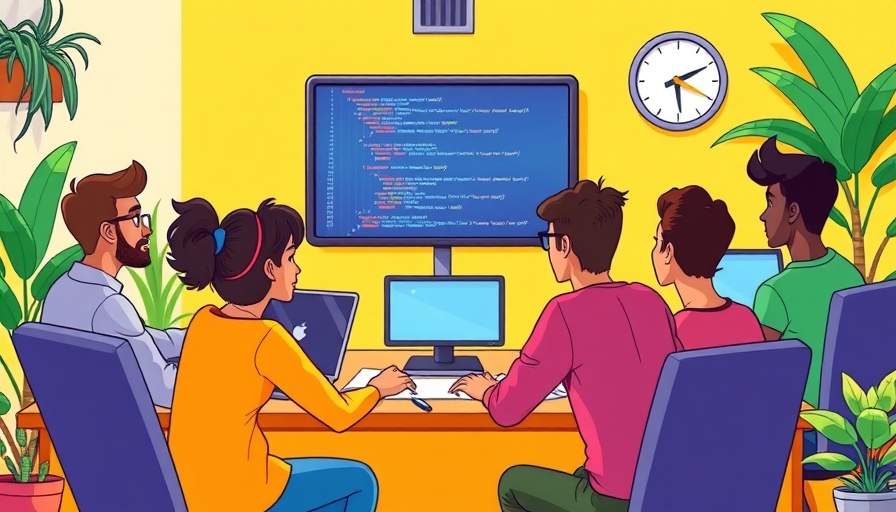 Bright cartoon office scene with diverse team using computer code, suggesting best GPTs for sales teams.
