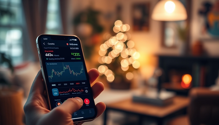 Smartphone shows AI stock market tools interface in cozy setting.