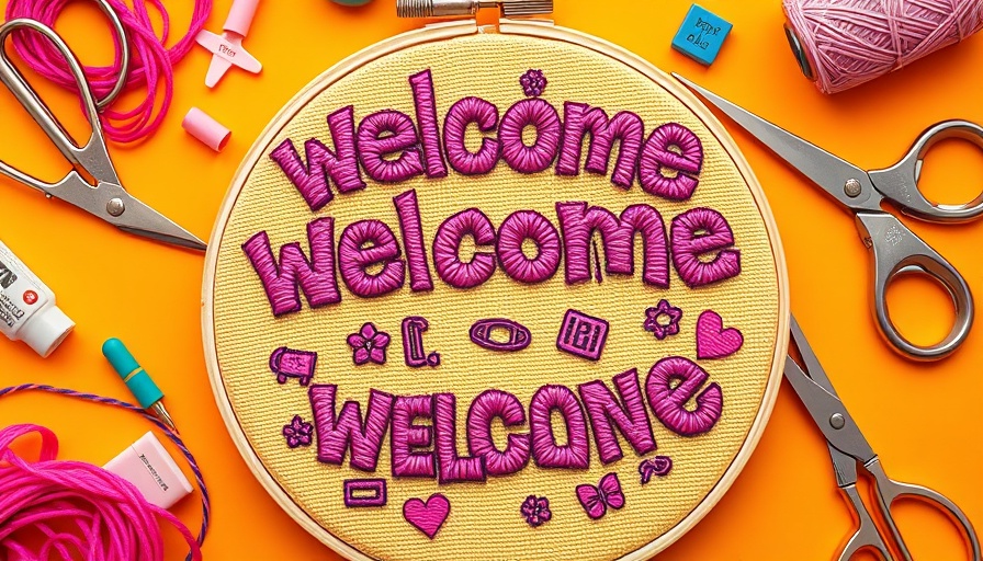 Colorful embroidery welcome sign with sewing tools for how to welcome a new employee.