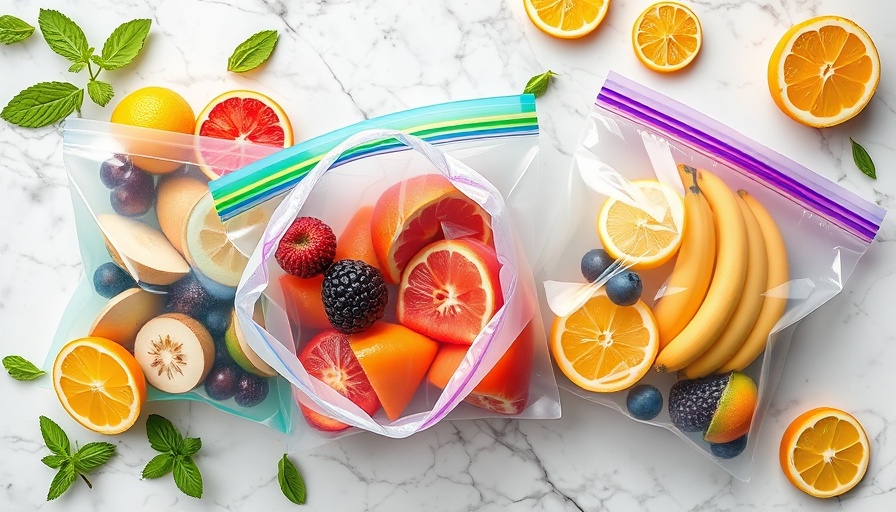 Colorful eco-friendly bags with fresh fruits for freezer use.