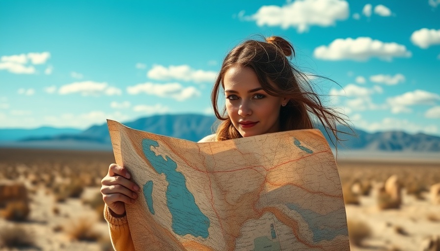 Young woman navigating a map in a sunny California desert during an EV road trip.