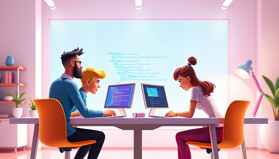 Colorful illustration of people collaborating at a desk.