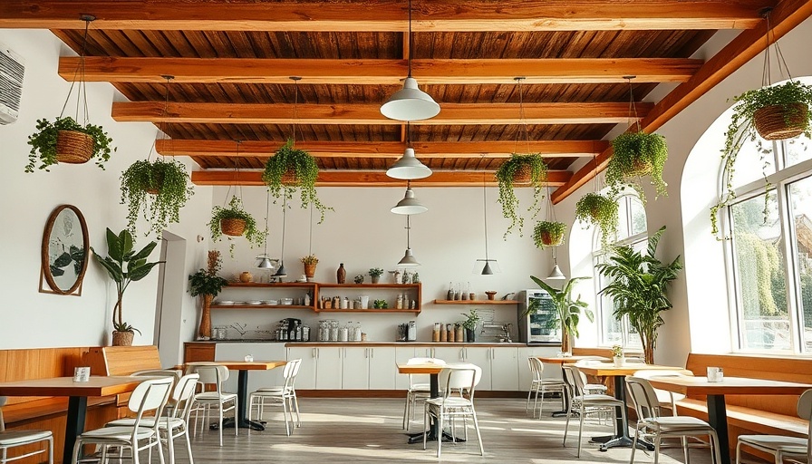 Modern rustic cafe with wooden beams and bright decor, places to grab lunch in Charlotte.