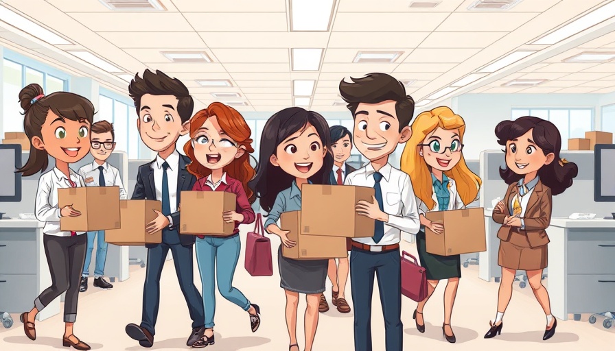 Cartoon office scene depicting employee transitions, modern workspace.