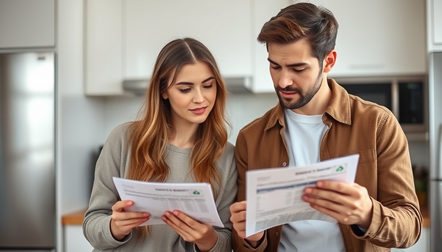 Young couple reviewing finances in a kitchen setting.