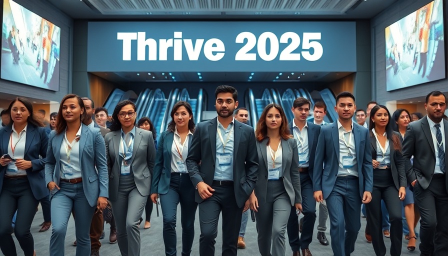 Business professionals enter 'Thrive 2025' conference, lead generation strategies.