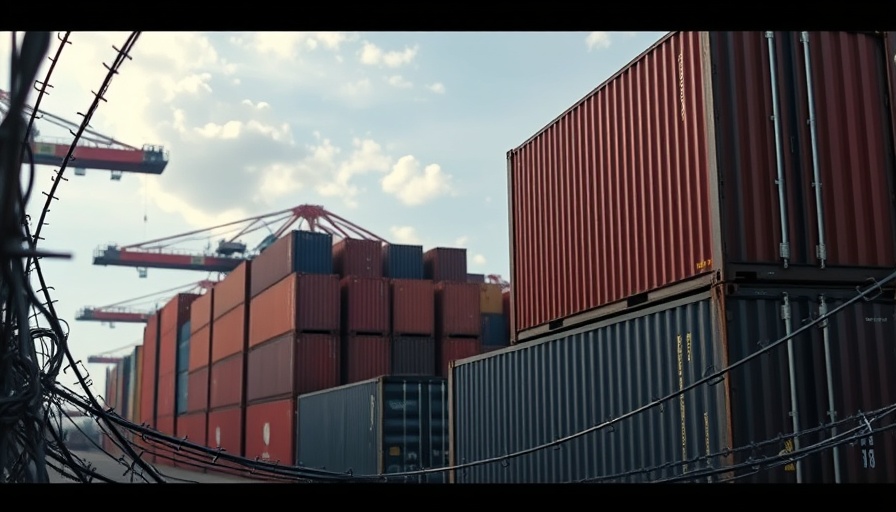 Colorful shipping containers behind barbed wire symbolize trade tensions.
