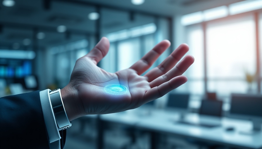 Close-up of hand using palm-based authentication technology in an office.