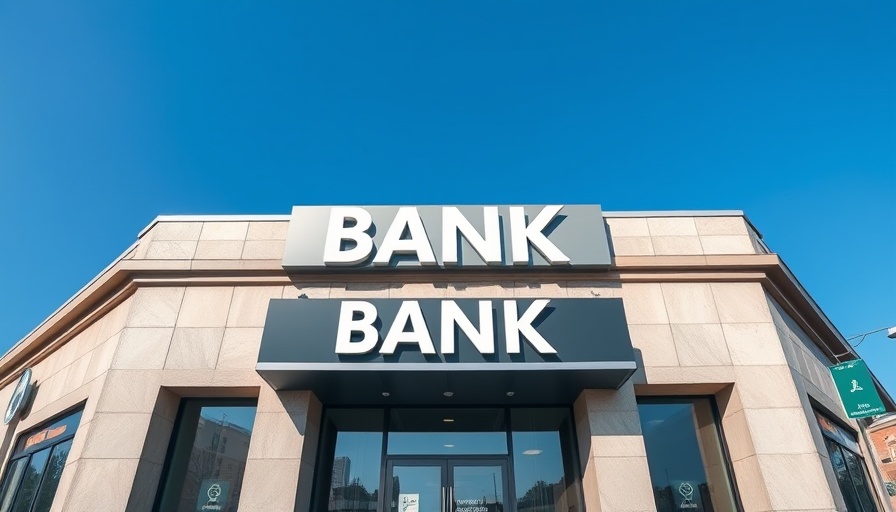 Modern bank facade under clear sky, AI-driven treasury management.