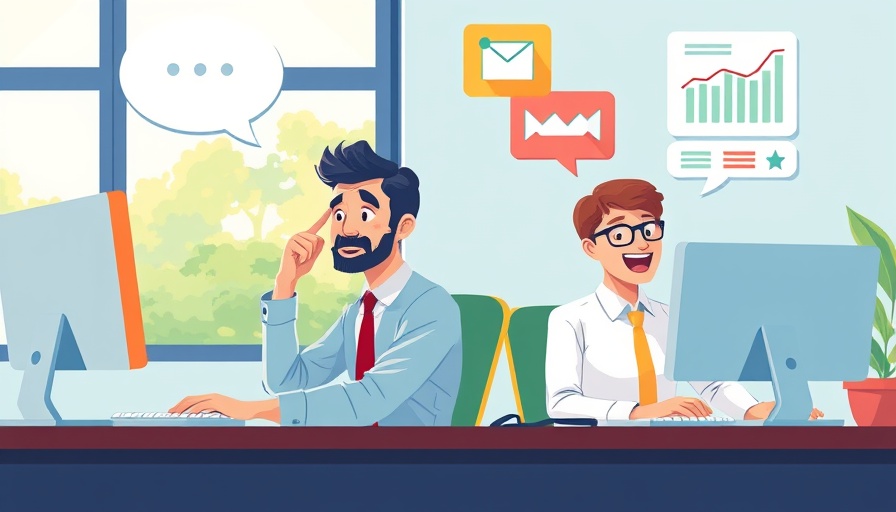 Illustration of two workers at computers in a marketing project management setting.