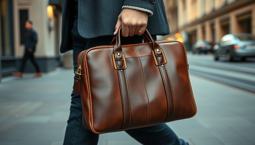 Man with leather briefcase using all-in-one business tools.