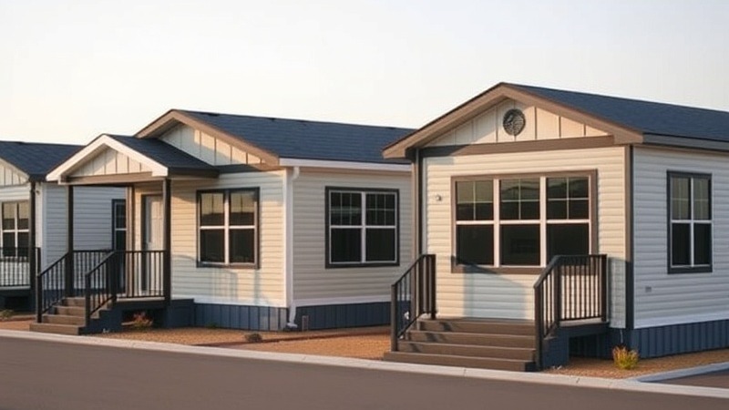 Modern mobile homes for sale in a welcoming, landscaped sales lot