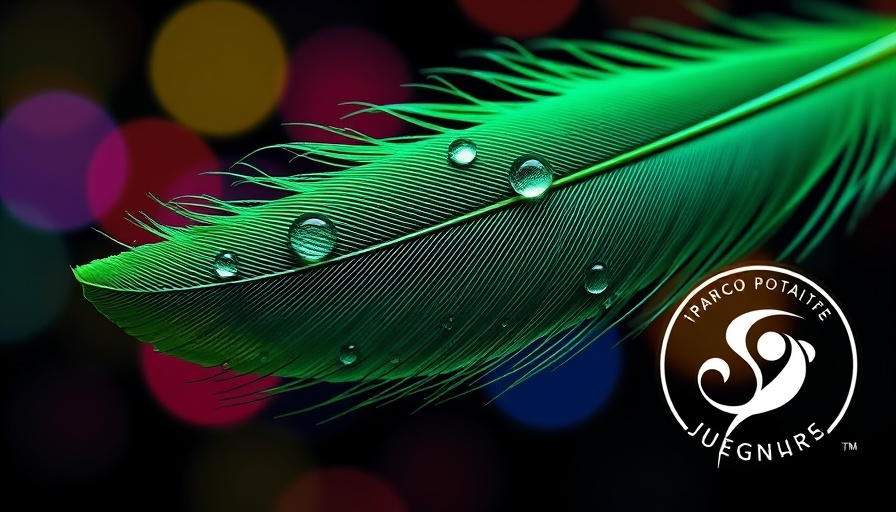 Macro shot of green feather with droplets and colorful circles.