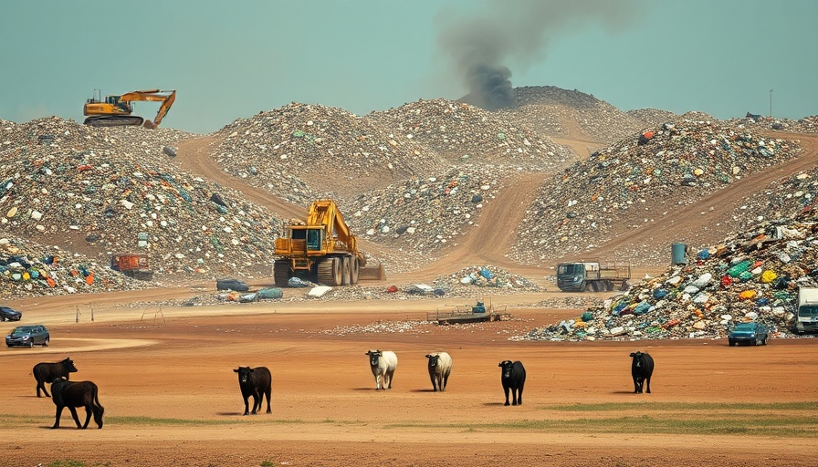 Landfill site with excavators and cows highlighting methane emissions.