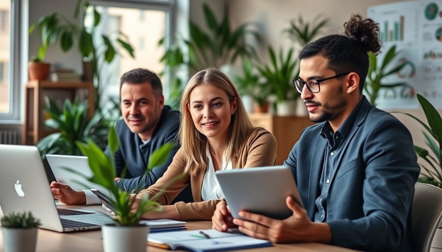 Eco-friendly office collaboration with professionals using technology.