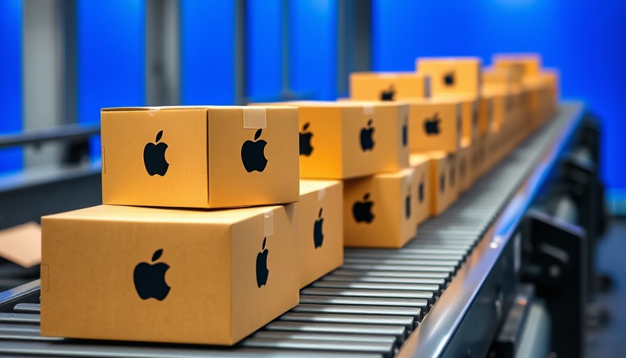 Boxes with Apple logos on conveyor belt symbolizing U.S. manufacturing.