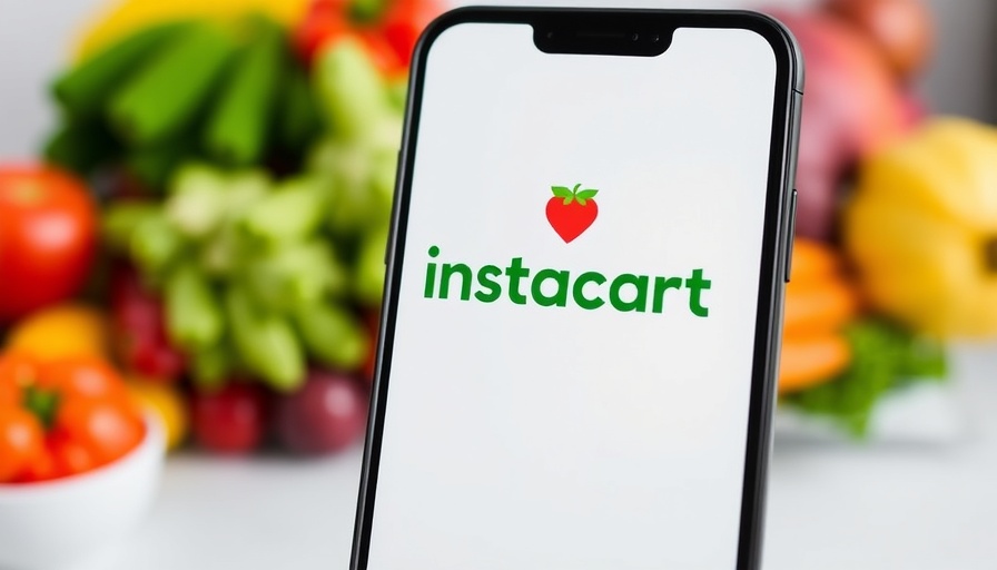 Instacart logo on phone with digital shopping background.
