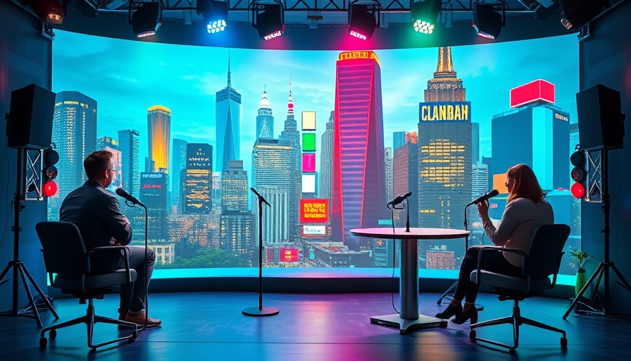 Colorful stage design for live podcast with speakers and cityscape backdrop.