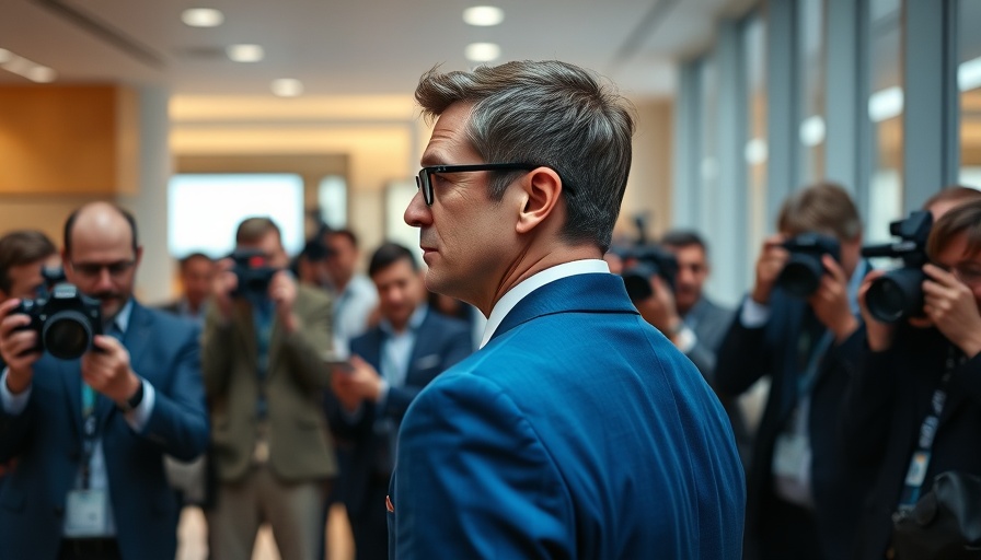 Focused man in blue suit among photographers, illustrating OpenAI GPT-5 business applications.